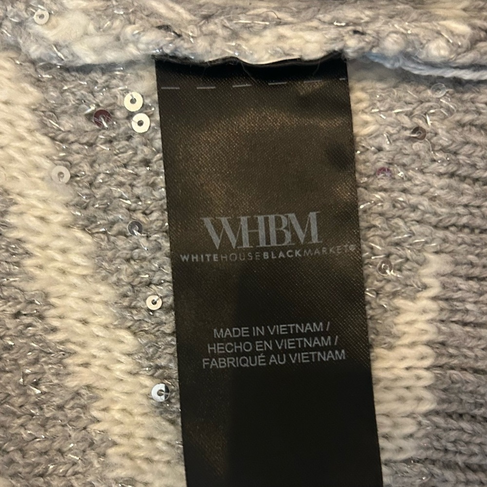 WHBM Gray White Sequin Cover Up Cardigan Sweater Coat Fair Isle Nordic Size M - Picture 11 of 15